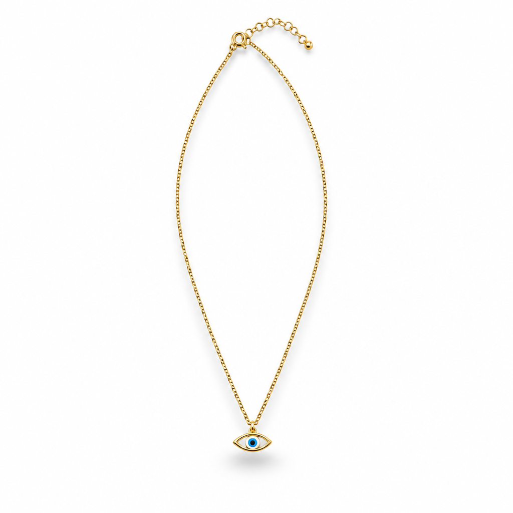 A delicate gold chain necklace featuring an evil eye pendant with a blue center, displayed against a solid white background.