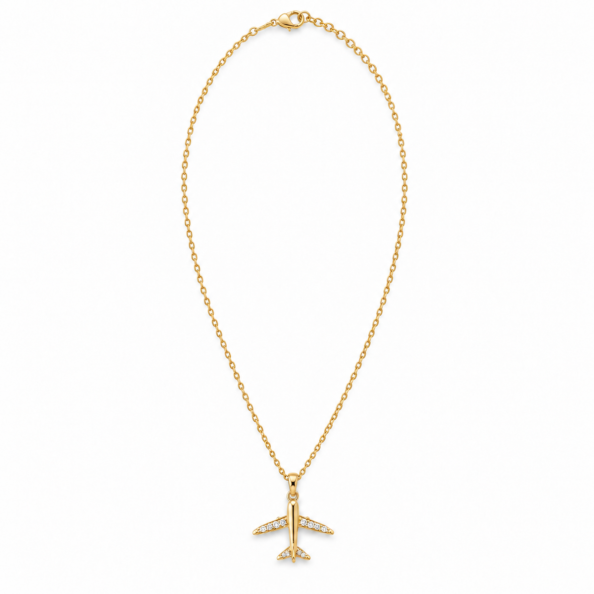 The Airplane Necklace by Hostess the label, showing the gold-plated aeroplane pendant, fine chain and lobster clasp on a white background.
