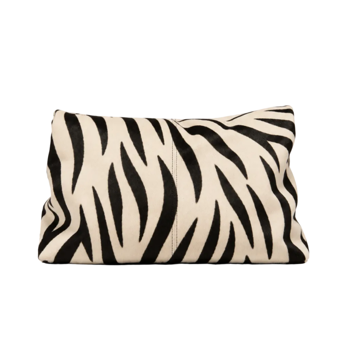 Back view of The Zebra Clutch by Hostess the label, showing its rectangular shape and black zebra stripes on cream hide.