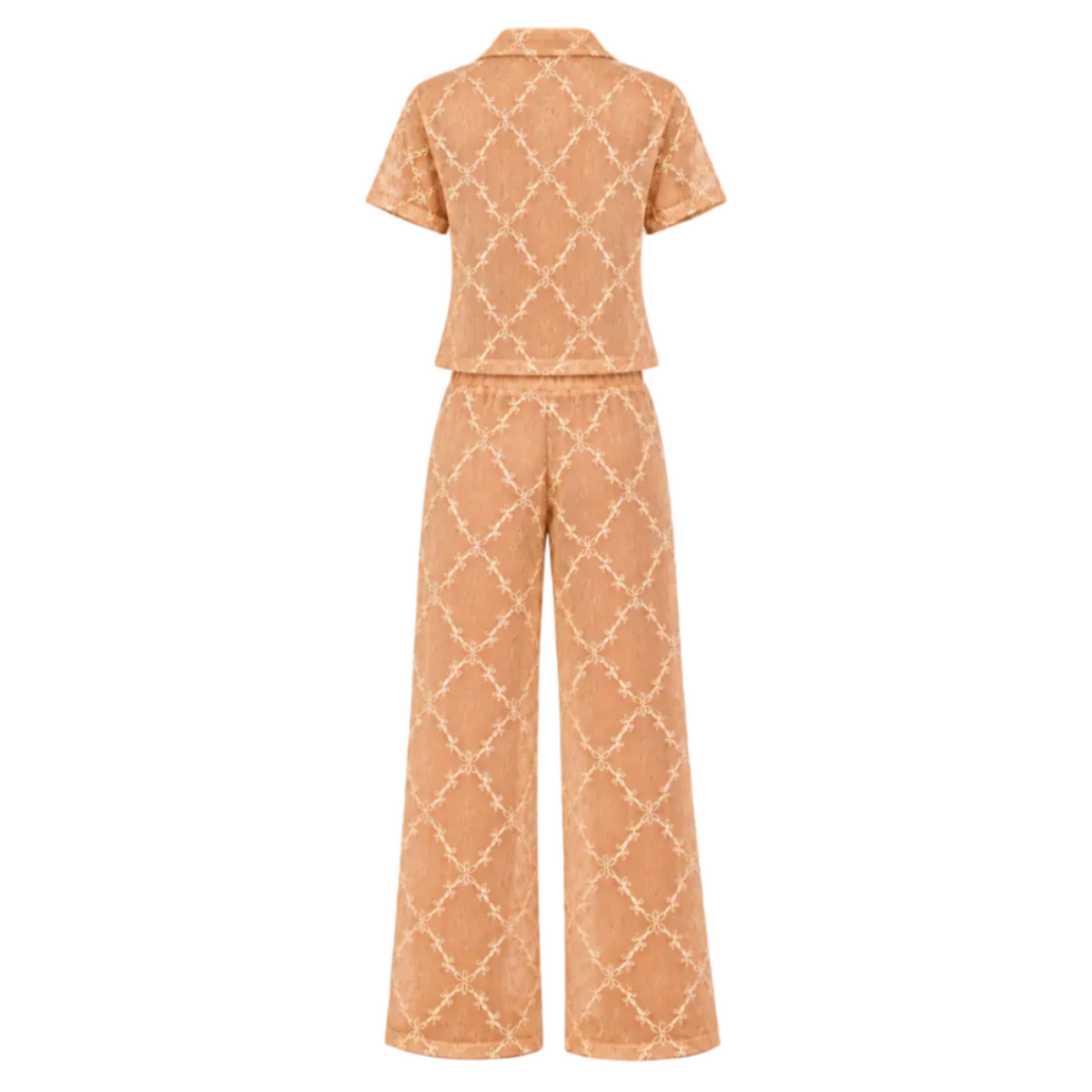 Back view of The Lace Suit Cover-Up by Hostess the label, showing the peach patterned lace shirt, short sleeves and matching full-length pants.