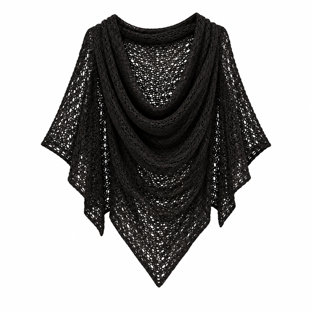 The Poncho Knit, black open-knit poncho with a draped cowl neck, shown from the front against white.