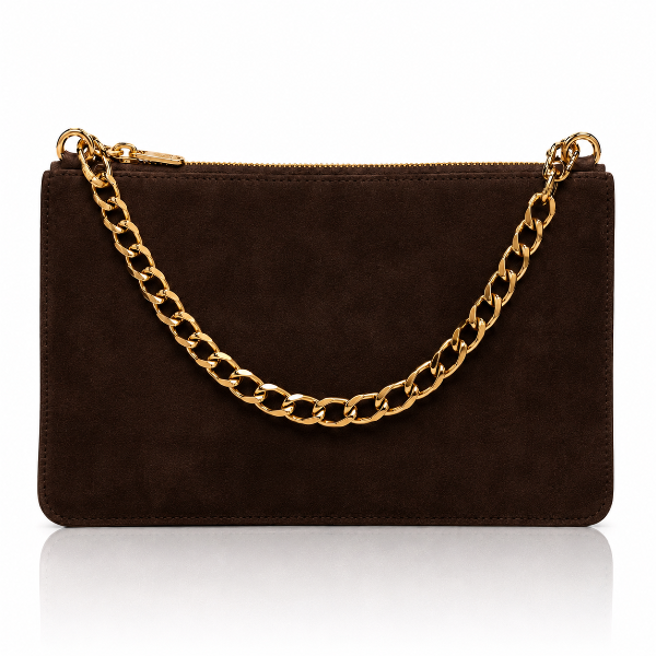 Beige handbag with a gold chain on a white background