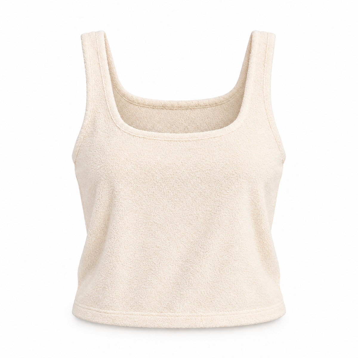 Cream cotton towelling tank from The Towelling Loungewear Set, Long, by Hostess the label, showing the scoop neckline, wide straps and cropped hem.
