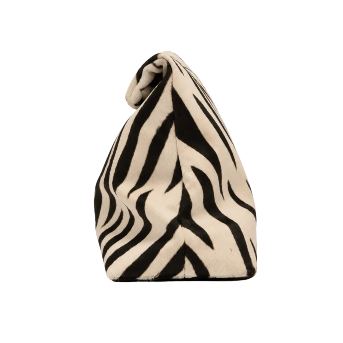 Side view of The Zebra Clutch by Hostess the label, showing its gusseted base and fold-over top.