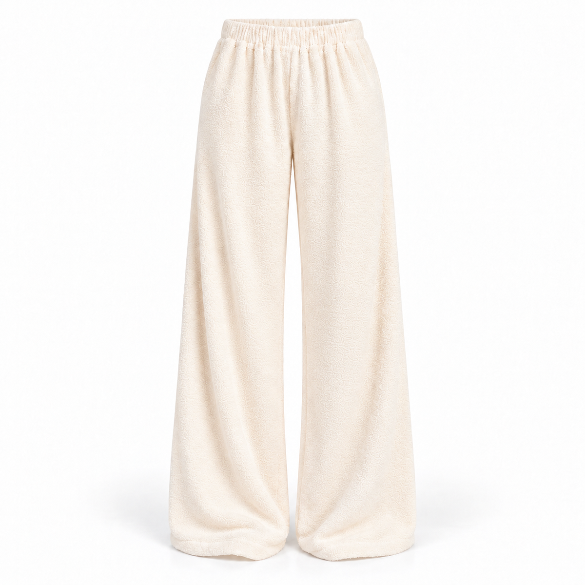 Cream cotton towelling pants from The Towelling Loungewear Set, Long, by Hostess the label, showing the elastic waistband and full-length wide legs.