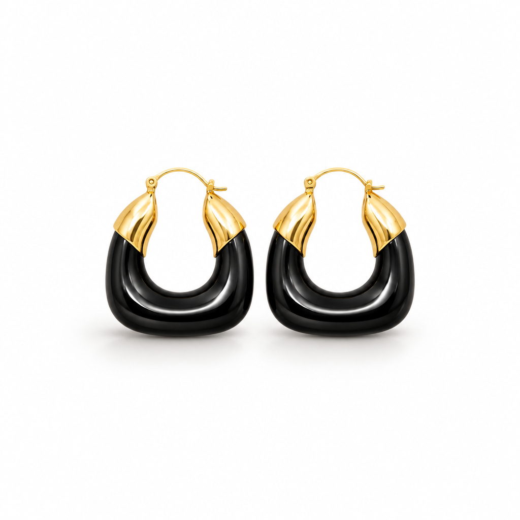 A pair of gold and black hoop earrings with a curved, tiered design, shown on a clean white background.