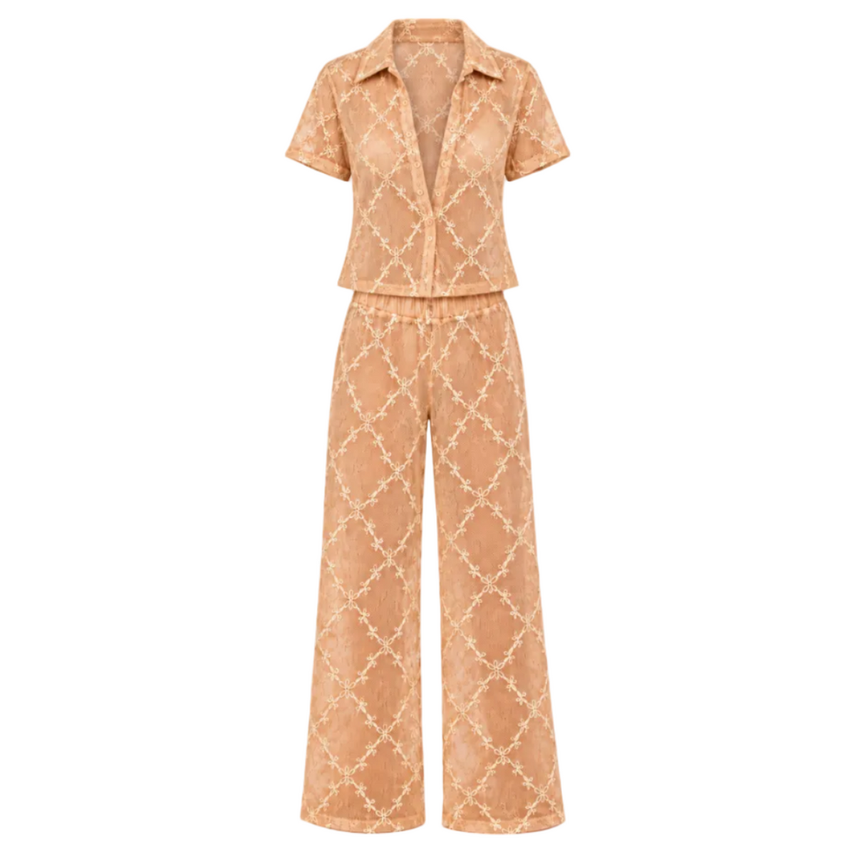 Front view of The Lace Suit Cover-Up by Hostess the label, showing the peach sheer lace shirt and matching wide-leg pants with an elasticated waistband.