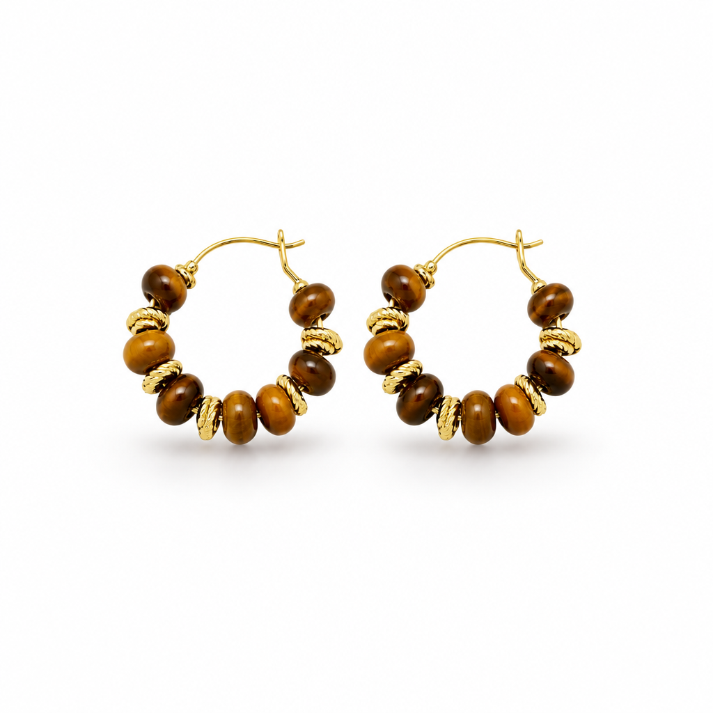 Pair of The Golden Hour Hoops by Hostess the label, showing polished amber-coloured and deep brown beads alternating with textured gold-tone spacer beads.