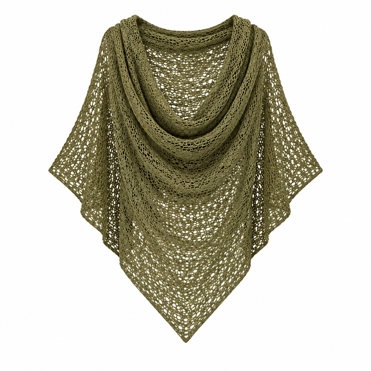 The Poncho Knit in olive green, shown front-facing with an openwork mesh stitch and draped cowl neck.