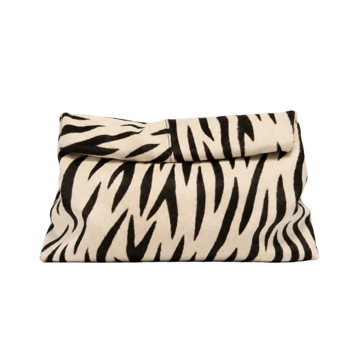 Front view of The Zebra Clutch by Hostess the label, with a fold-over flap and black zebra stripes on cream hide.