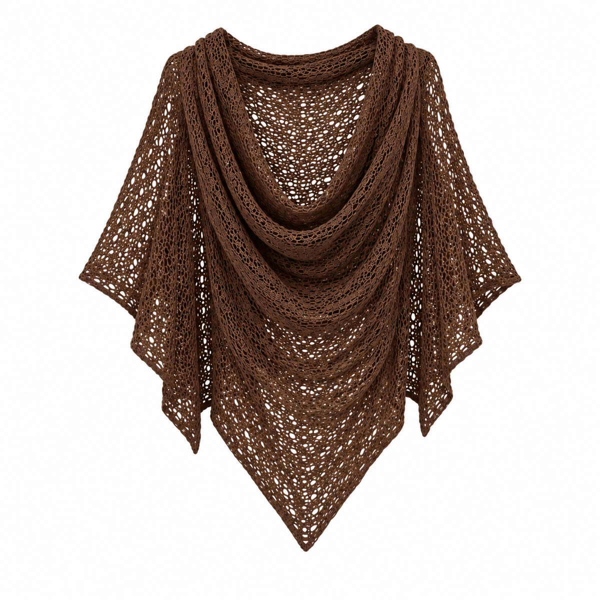 The Poncho Knit in dark brown openwork knit, shown flat from the front with a draped cowl neckline.