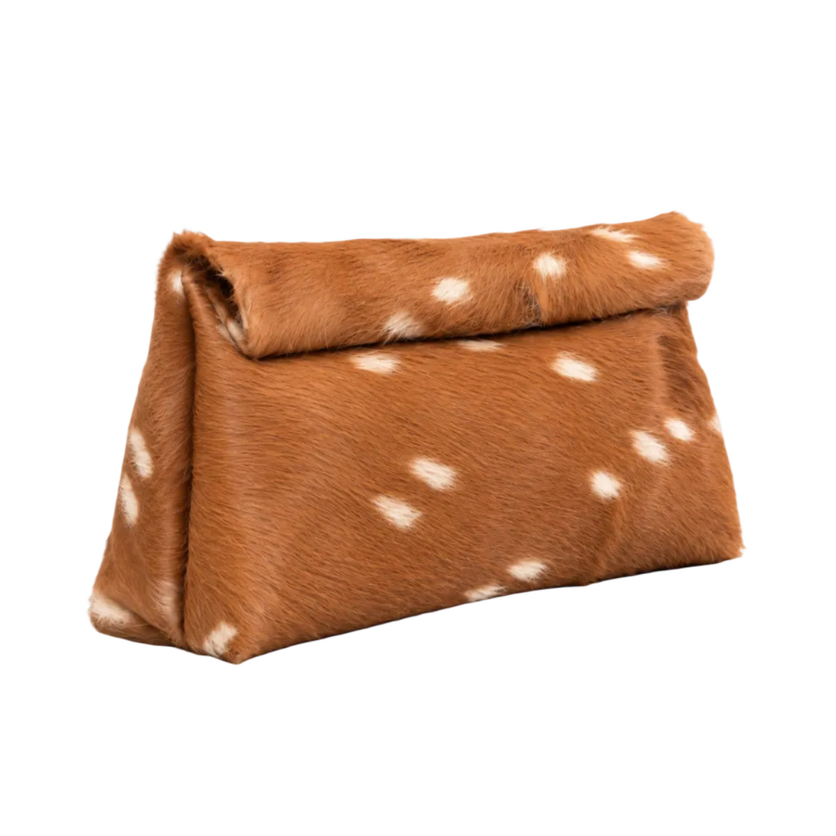 The Deer Clutch, a rust-orange furry clutch with cream spots, shown closed from a front three-quarter angle.
