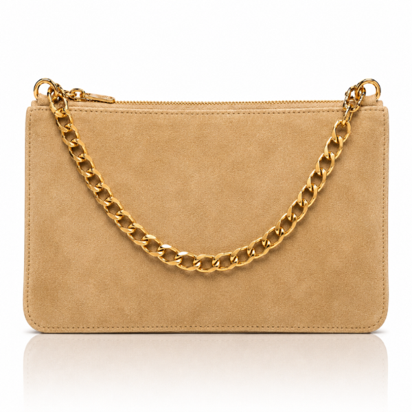 Beige handbag with a gold chain on a white background