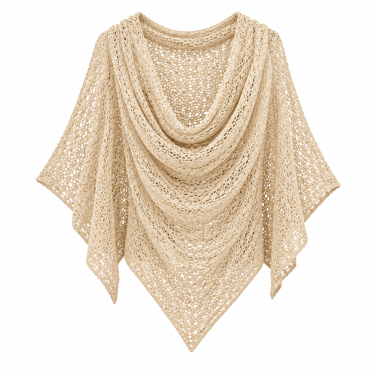 The Poncho Knit in cream, shown front-on with an open lace-knit drape and deep cowl neckline against white