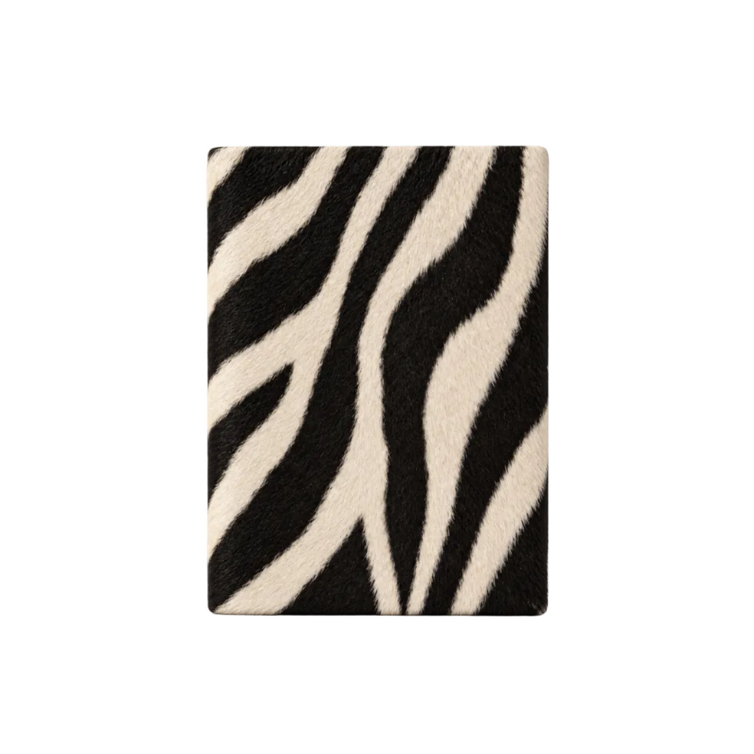 A rectangular zebra-print faux fur panel or cover with a black and cream pattern, shown on a clean white background.