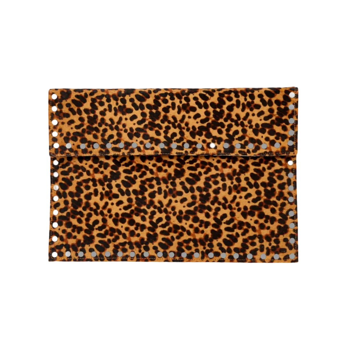 Front view of The Wild Envelope Clutch with tan and black spotted markings, a fold-over flap and metal stud edging.