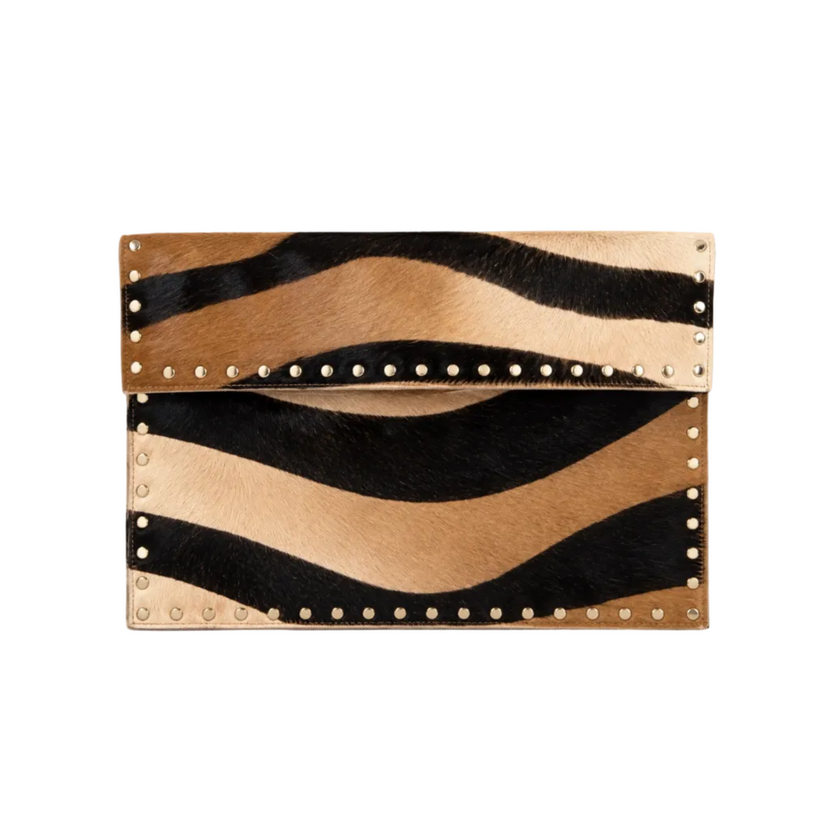 Front view of The Wild Envelope Clutch with tan and black stripes, a fold-over flap and metal stud edging.