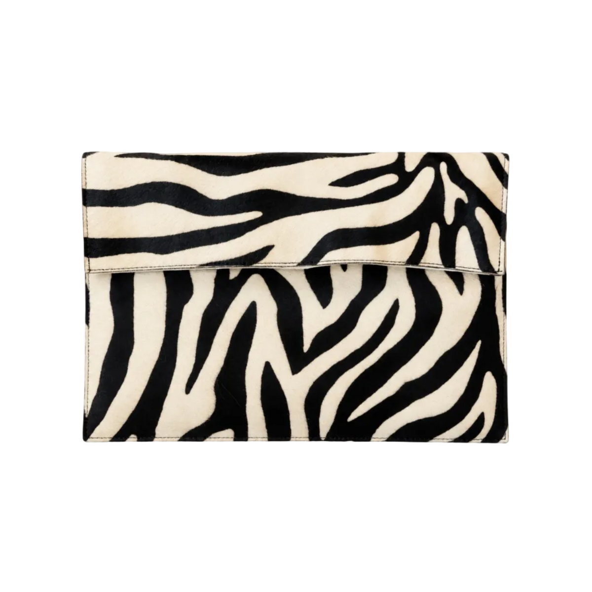 Front view of The Wild Envelope Clutch with black and cream zebra stripes and a fold-over flap.