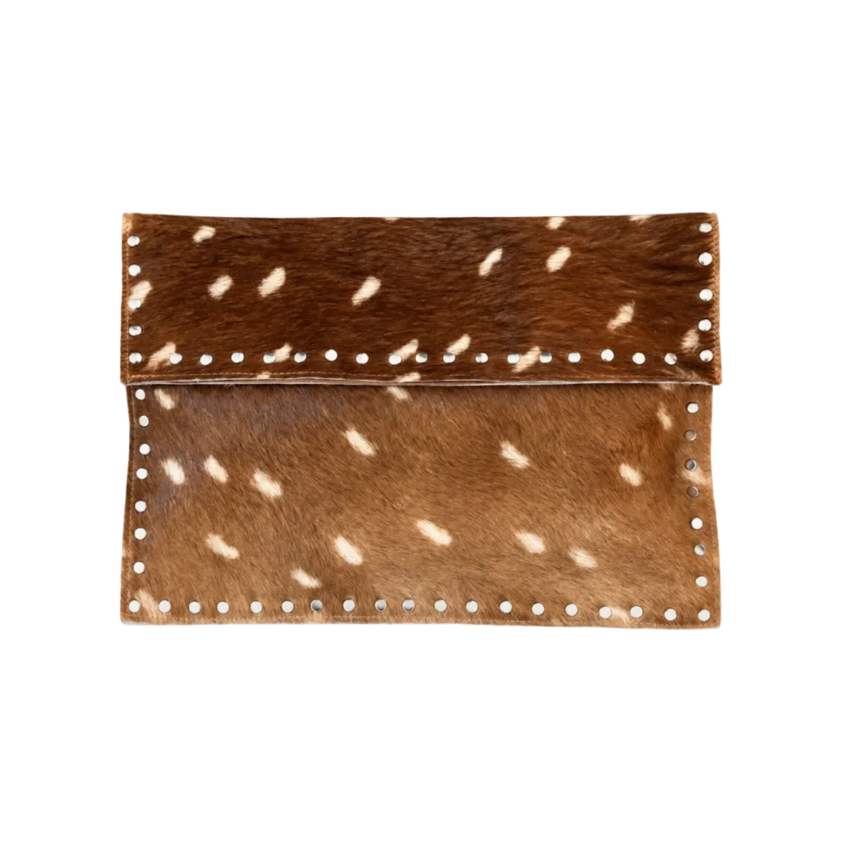Front view of The Wild Envelope Clutch in brown hide with white spots, a fold-over flap and metal stud edging.