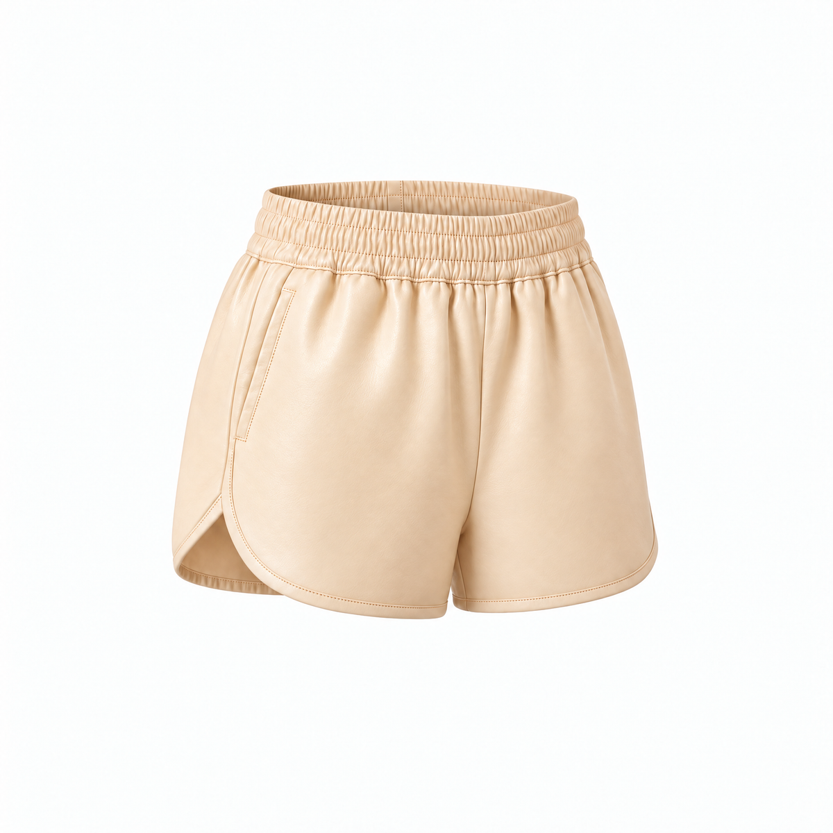 Three-quarter view of The Leather Shorts in Cream by Hostess the label, showing the elastic waist, side pocket and curved hem.