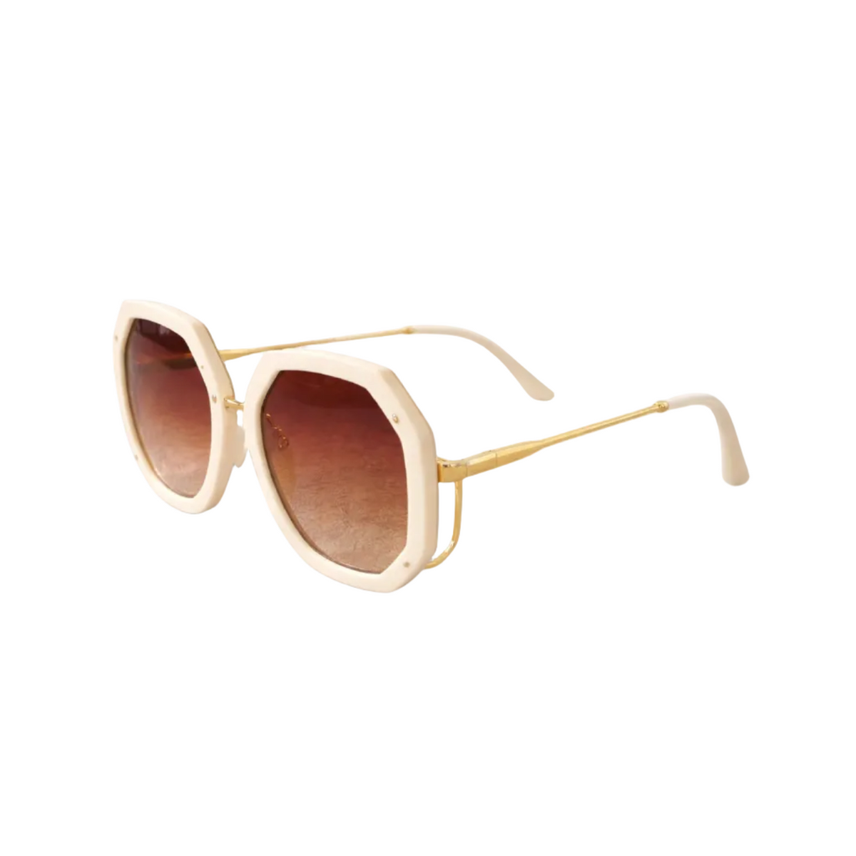 Oversized square sunglasses with thick cream-colored frames, gold metal temples, and brown gradient lenses, shown on a clean white background.