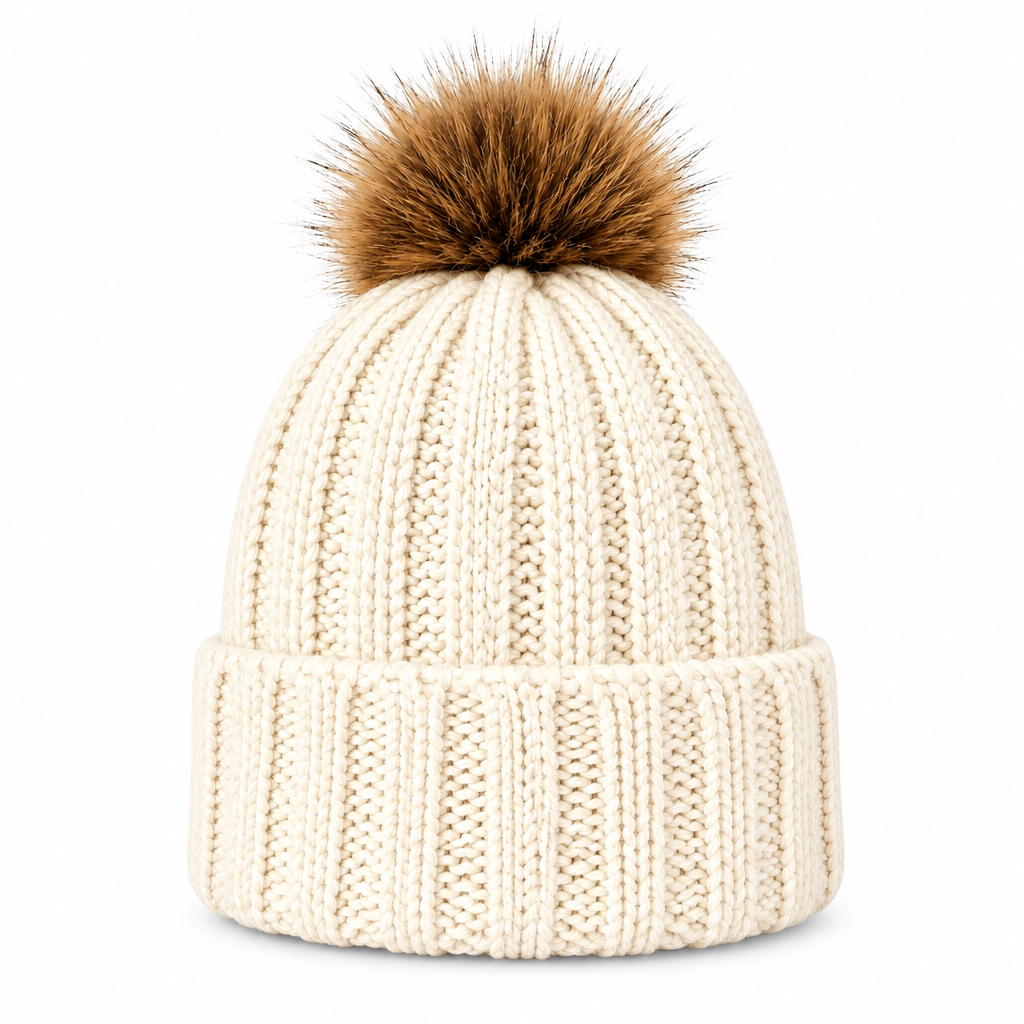 An off-white ribbed knit beanie hat with a brown faux fur pom-pom on top, shown against a plain white background with a soft drop shadow.