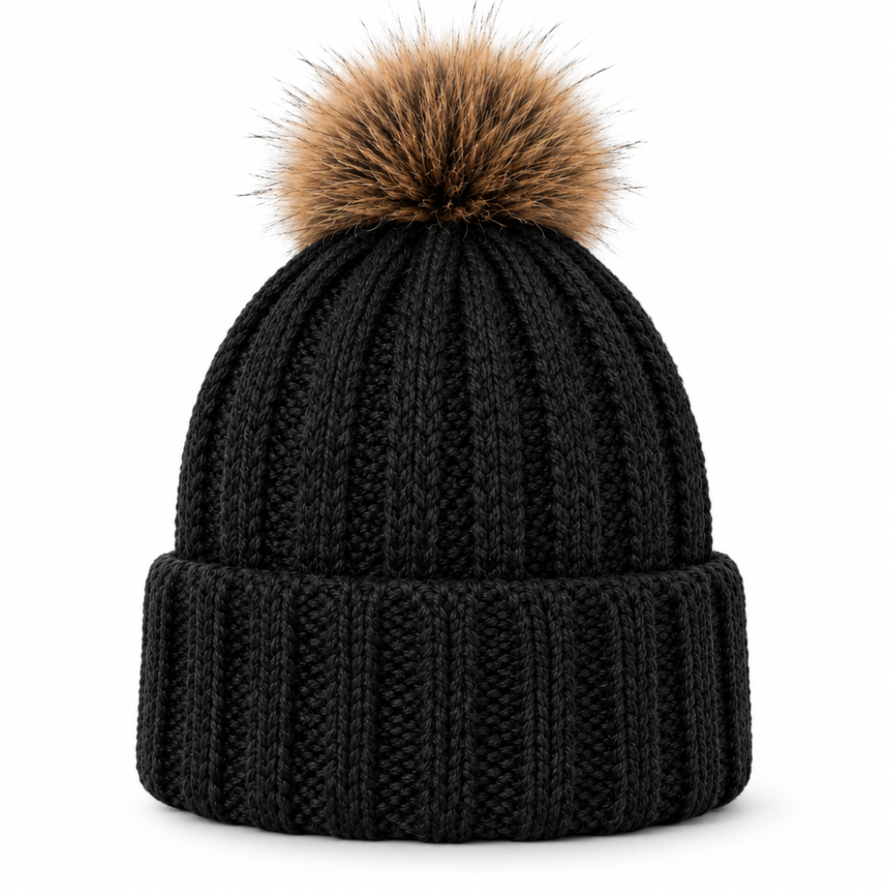 Black knit beanie with a brown faux fur pom-pom on a white background