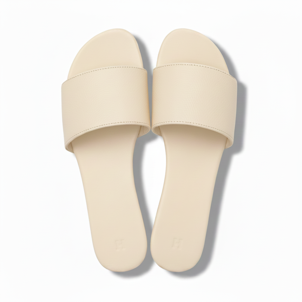 A pair of minimalist slide sandals in a light cream or beige color, shown from a top-down view on a white background with soft drop shadows.