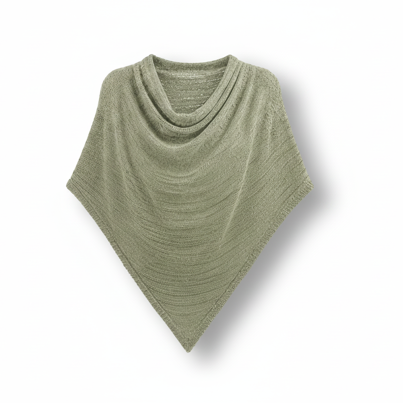 An olive green knit cowl neck shawl or poncho, displayed flat against a white background with a soft drop shadow.