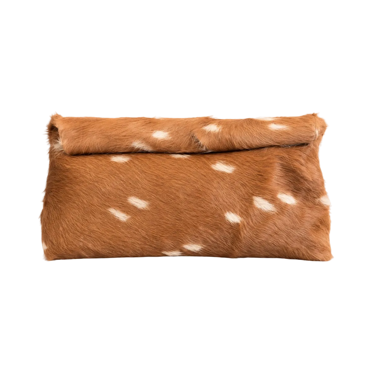The Deer Clutch, a folded rust-brown textured clutch with scattered cream spots, shown from the front.