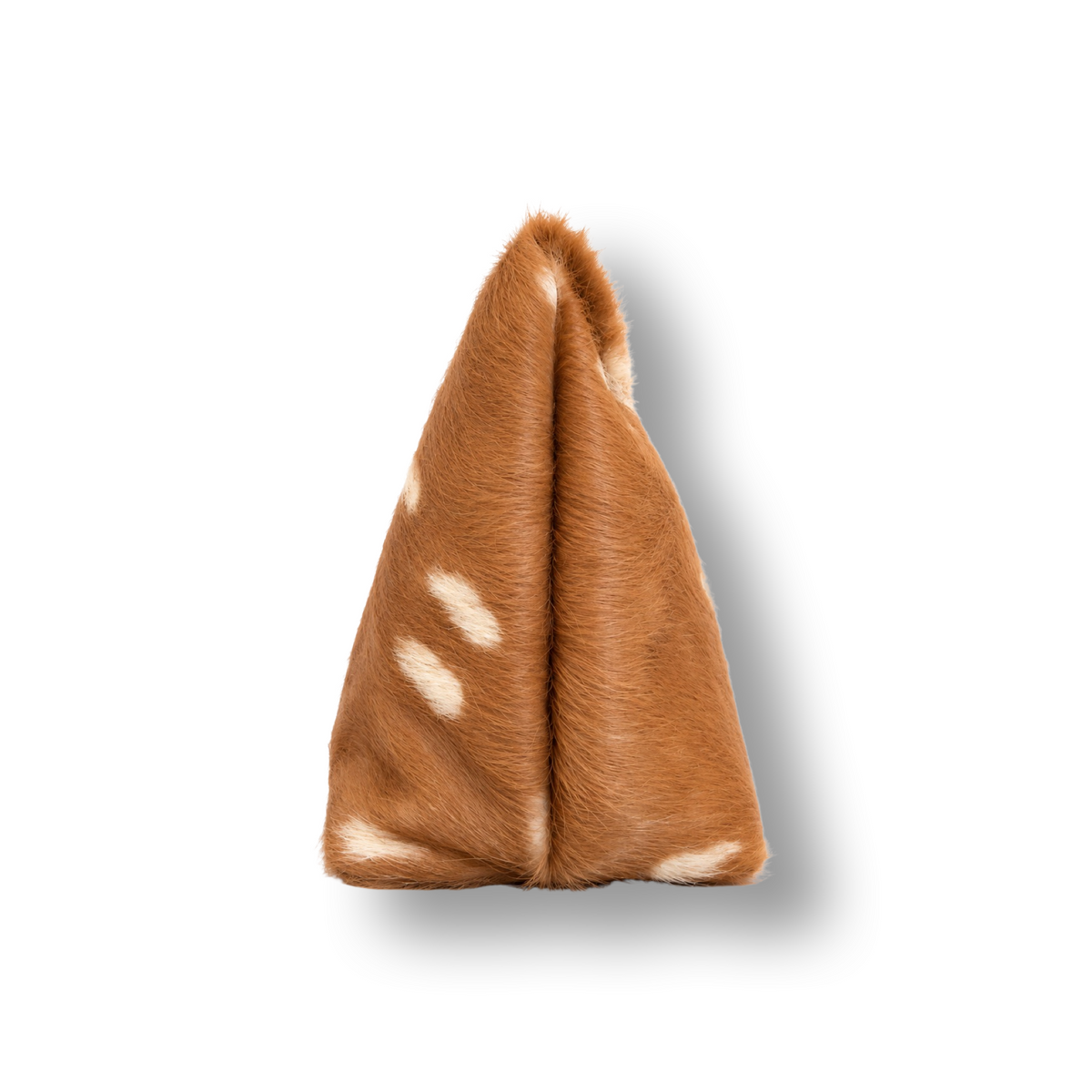 The Deer Clutch, a brown-and-white spotted furry clutch photographed upright against a white background.