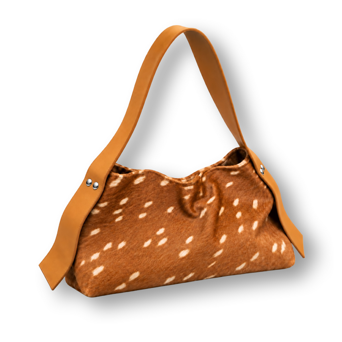 The Deer Carry-On natural hide shoulder bag by Hostess the label, showing brown and white spotted markings, a tan leather shoulder strap and silver hardware.