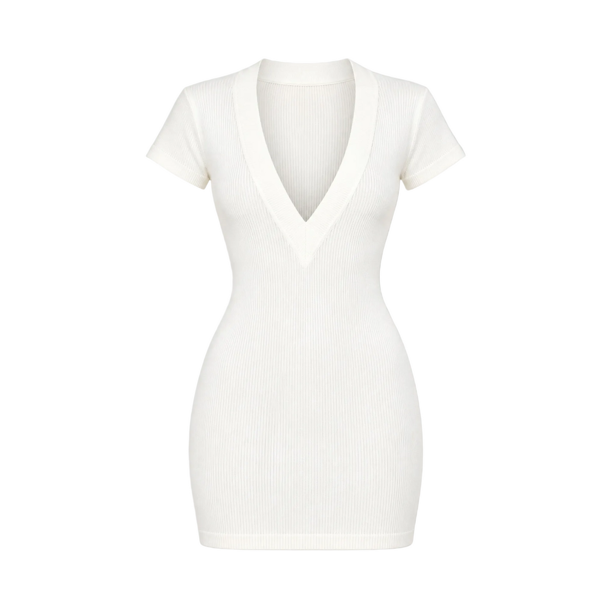 An off-white ribbed short-sleeve V-neck mini dress displayed on a ghost mannequin against a white background.