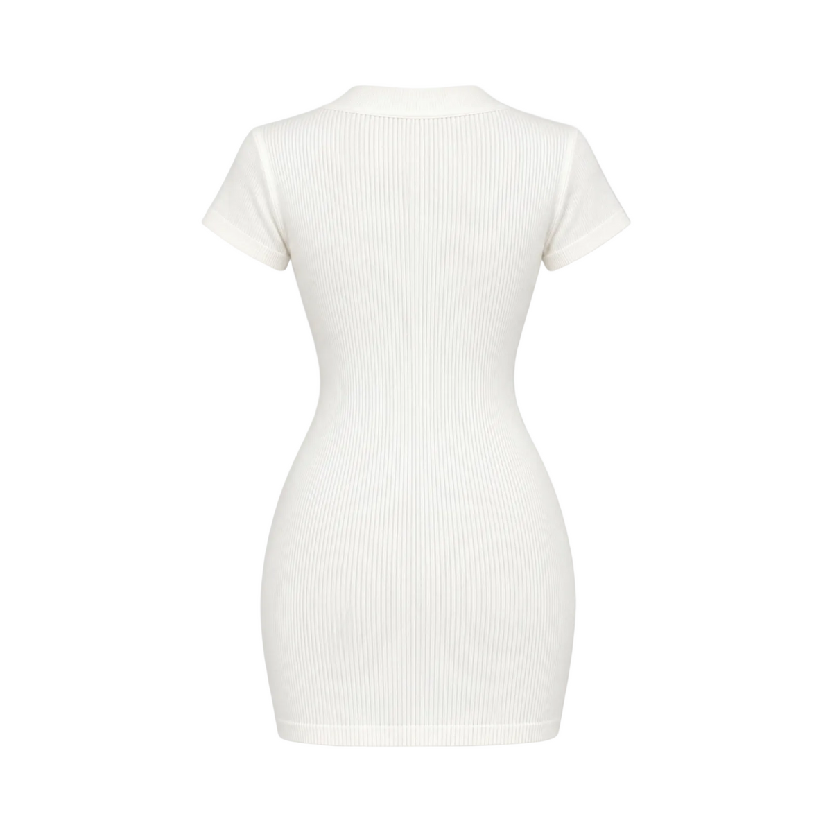 A white short-sleeve ribbed bodycon mini dress shown from the back, displayed on a clean white background with a soft drop shadow.