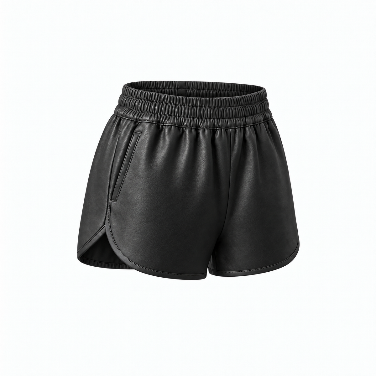 Three-quarter view of The Leather Shorts in Black by Hostess the label, showing their gathered elastic waist and curved hem.
